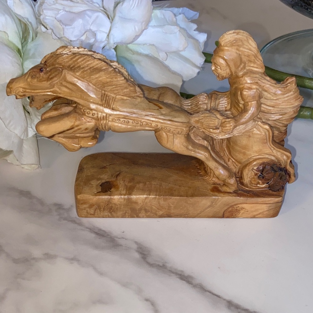 Roman chariot pulled by two horses Artisan Carved Wooden Horse Sculpture